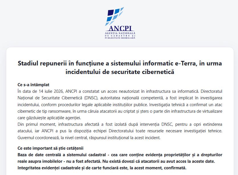 Restabilirea serviciilor ANCPI pentru proprietari și notari